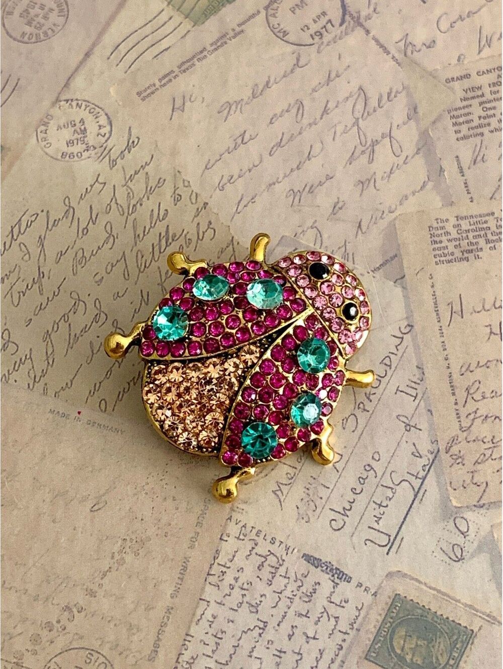 Sparkling Ladybug Brooch with Pink & Blue Rhinestones - Cute & Colorful Pin